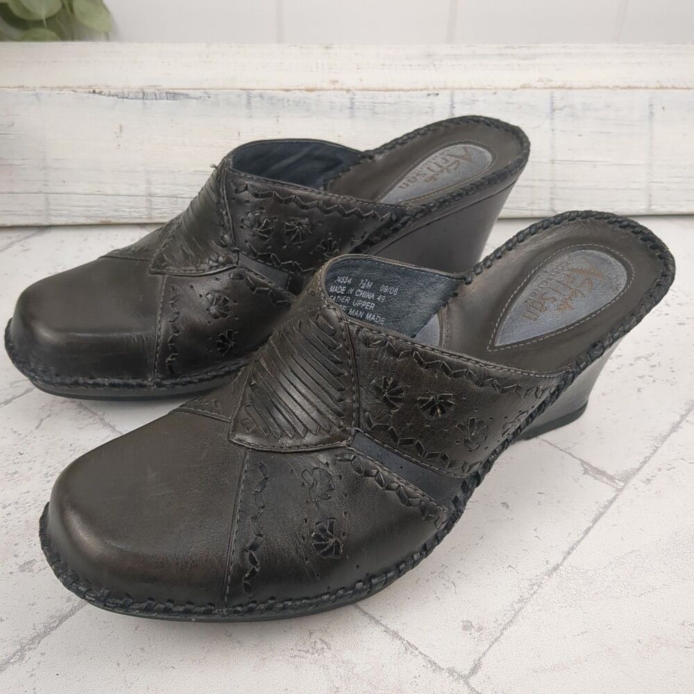 Clarks Artisan Women's Espresso Leather Slip On Wedge Clogs Mules Size 7.5M